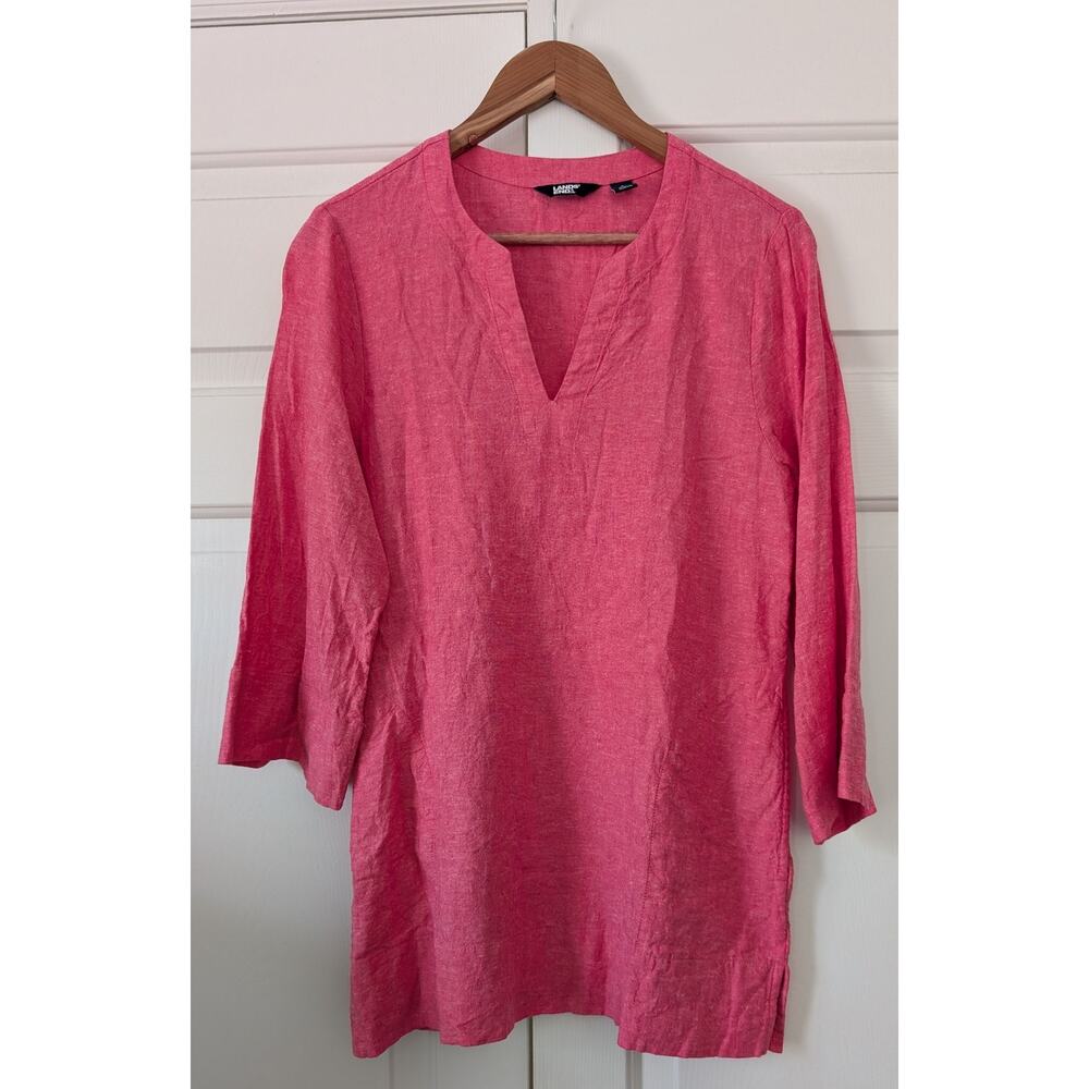 Lands' End Split Neck Pink Linen Blend Tunic Top